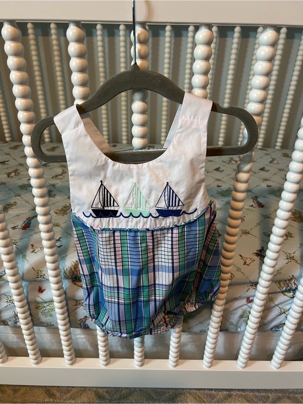Sandler Sunsuit in Lauderdale Pier Plaid/Worth Ave White/Sailboats print